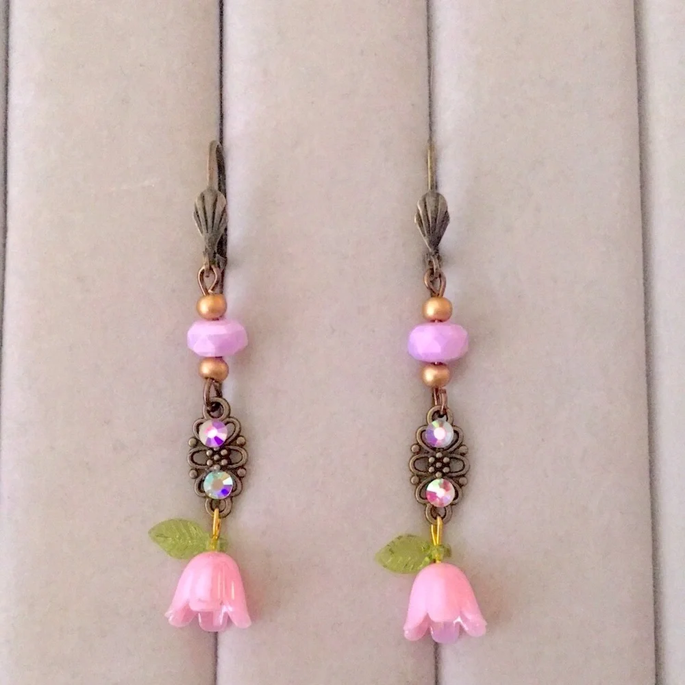 Aurora Borealis Crystal + Antique Brass Gold Pink Flower Boho Drop Earrings
